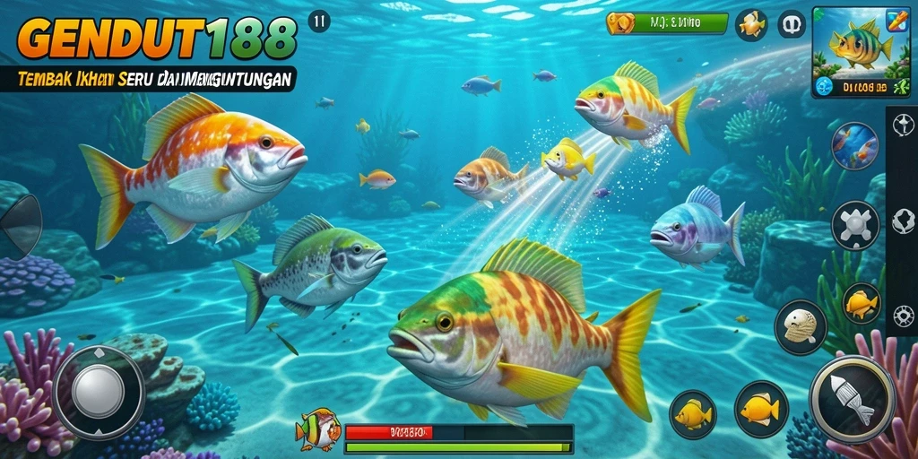 Tampilan gameplay seru GENDUT188 dengan berbagai ikan menarik.