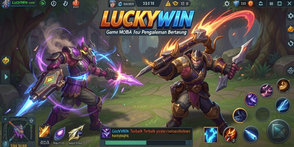 Screenshot utama LUCKYWIN menampilkan pertarungan seru antar karakter MOBA.